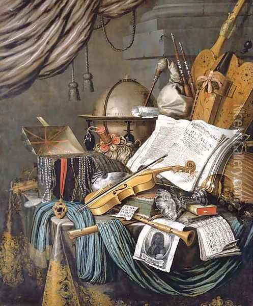 A vanitas still life of a globe, a casket of jewels and medallions, books, a hurdy-gurdy, a bagpipe, a lute, a violin, a silver tazza, a roemer Oil Painting - Edwaert Collier