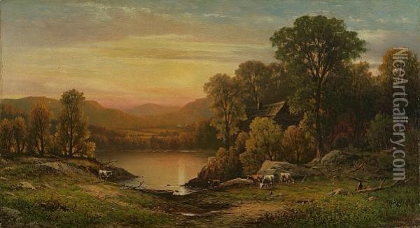 Lake View At Sunset Oil Painting - Charles Wilson Knapp