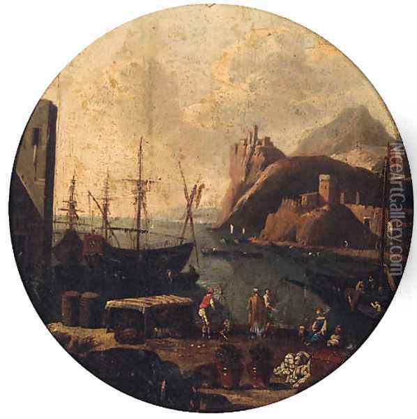 A Mediterranean port with figures on a quay, a clifftop fort beyond Oil Painting - Adriaen Van Der Cabel
