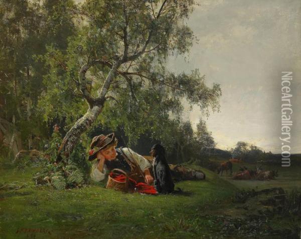 Pojke Med Hund I Landskap Oil Painting - Julius Kronberg