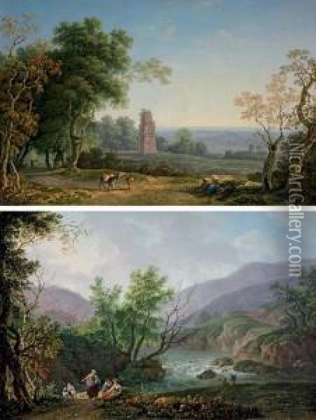 An Italianate Landscape With 
Peasants On A Path, An Ancient Mausoleum Beyond; And An Italianate River
 Landscape With Peasants Seated On A Bank Oil Painting - Carlo Labruzzi