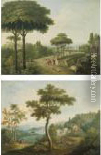A Pair Of Italianate Landscapes With Travellers On Roads Oil Painting - Carlo Labruzzi