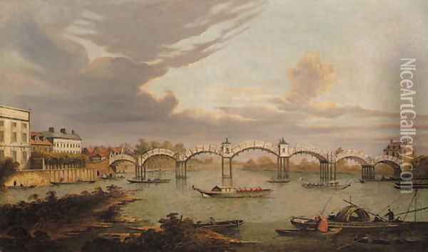 View of Hampton Court Bridge, with boats on the River Thames and King Henry VIII's Chapel beyond Oil Painting - (Giovanni Antonio Canal) Canaletto