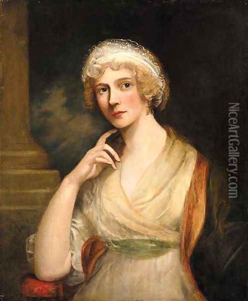 Portrait of lady, half-length, in a white dress and red shawl Oil Painting - Richard Cosway