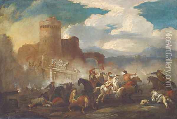 A cavalry battle outside a castle Oil Painting - Jacques Courtois