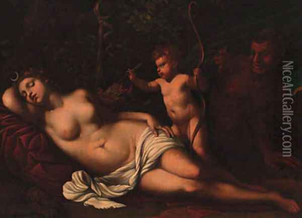 Venus sleeping in a forest with a putto holding arrows, a satyr looking on Oil Painting - Guido Cagnacci