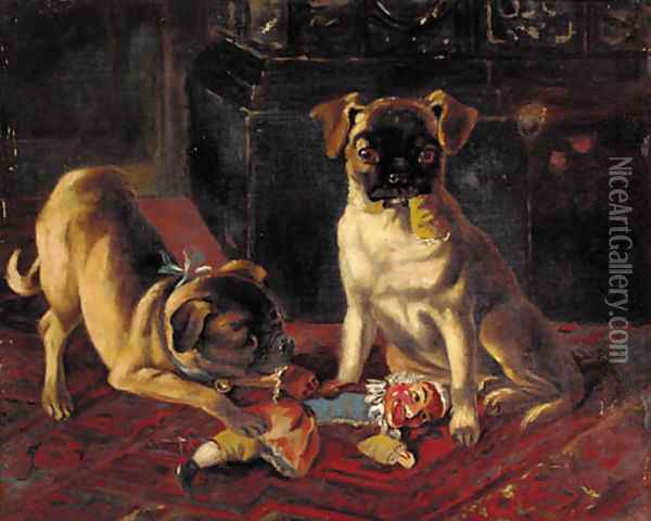 Trouble in store, two pugs Oil Painting - Margaret Collyer
