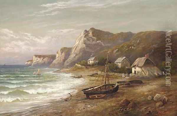 Fisherman's cottages on a coastline; and Waves breaking on a beach, a fishing village beyond Oil Painting - F. Clinton
