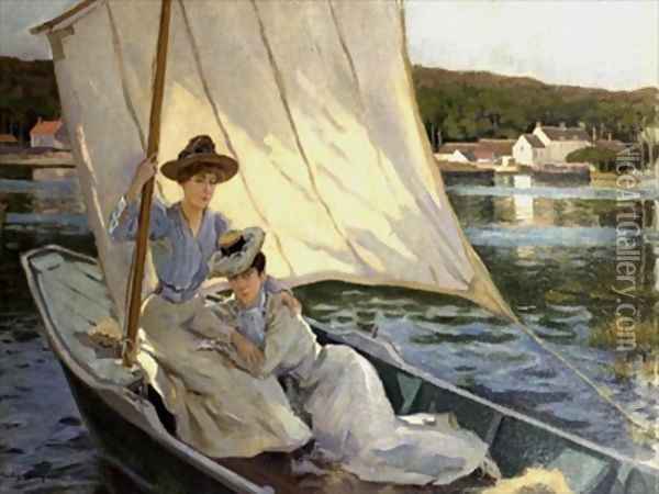 Ladies in a Sailing Boat Oil Painting - Jules Cayron