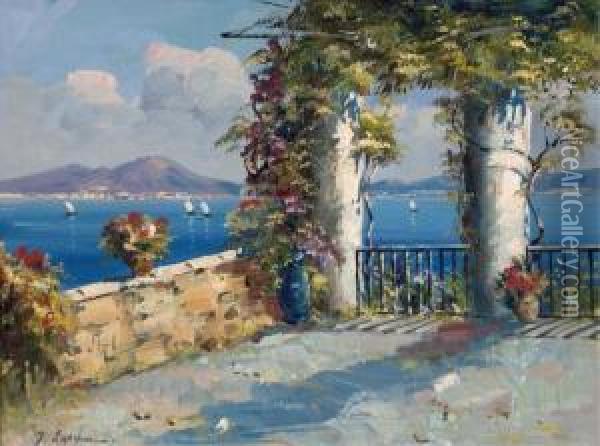 Verdant Terrace Overlooking A Sunlit Bay Oil Painting - Georgi Alexandrovich Lapchine