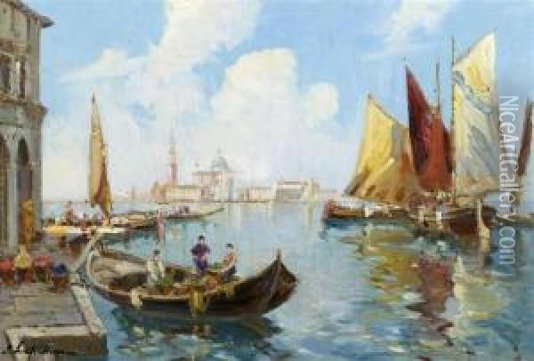 View Of Venice With Gondolas Oil Painting - Georgi Alexandrovich Lapchine