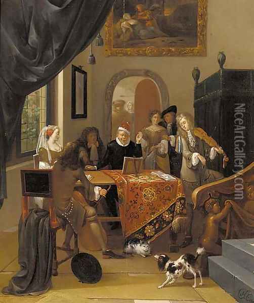 A music party in an elegant interior, seen past a trompe l'oeil curtain Oil Painting - Hendrik Carree
