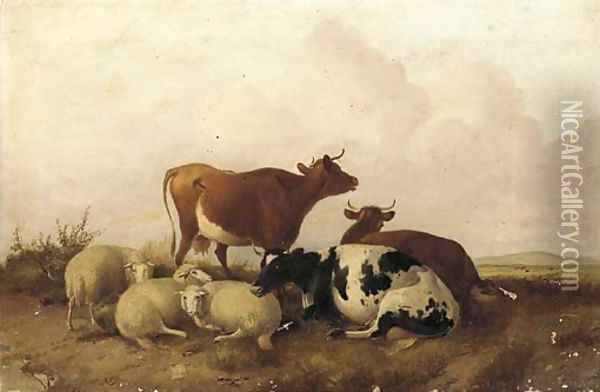 Cattle in a water meadow Oil Painting - Thomas Sidney Cooper