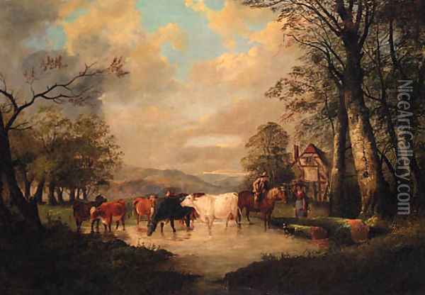 Countryfolk with Cattle watering, a Cottage beyond Oil Painting - Thomas Sidney Cooper