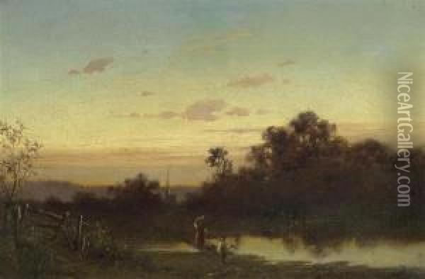 Flusslandschaft Mit Figuren Im Abendrot. Oil Painting - Adolf Heinrich Lier