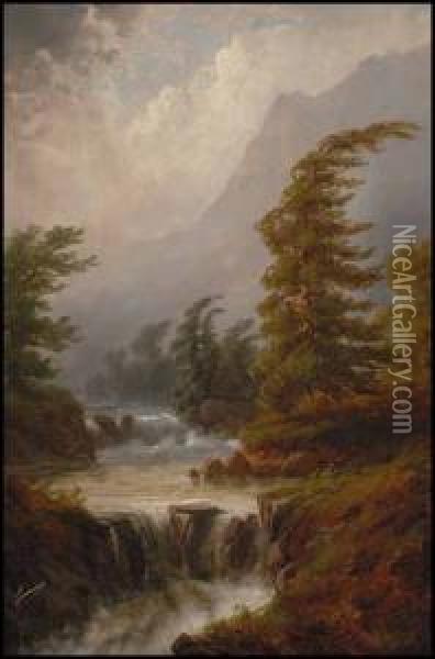Wind Blown Trees And Rushing River Oil Painting - Alexander Francois Loemans