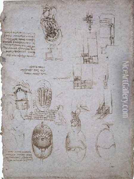 Studies Of The Villa Melzi And Anatomical Study Oil Painting - Leonardo Da Vinci