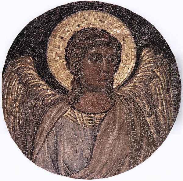 Tondo with Angel c. 1310 (Mosaic) Oil Painting - Giotto Di Bondone