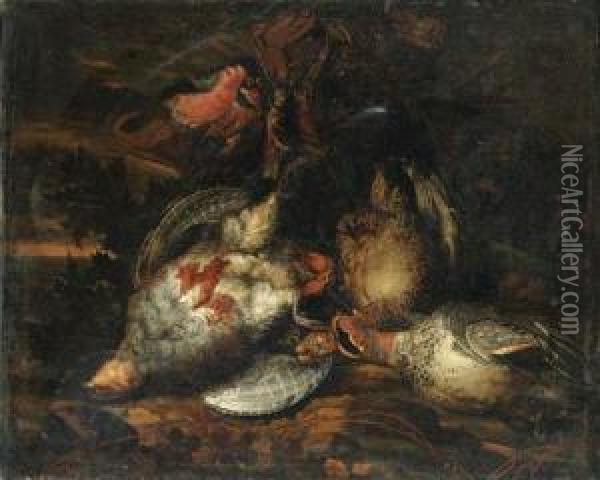 Partridge, A Brace Of Teal, A 
Bullfinch, A Goldfinch, A Bluetit Andother Dead Birds In A Landscape Oil Painting - Carstiaen Luyckx
