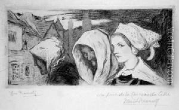  Les Trois Femmes En Coiffe Sur Fond De Vieilles Maisons A Quimper  Oil Painting - Emile A. Malo-Renault