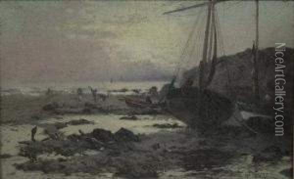 Beached Fishing Boat And Figures
 On The Shoreline At Low Tide; Figures Beside A River At Dusk Oil Painting - William Manners