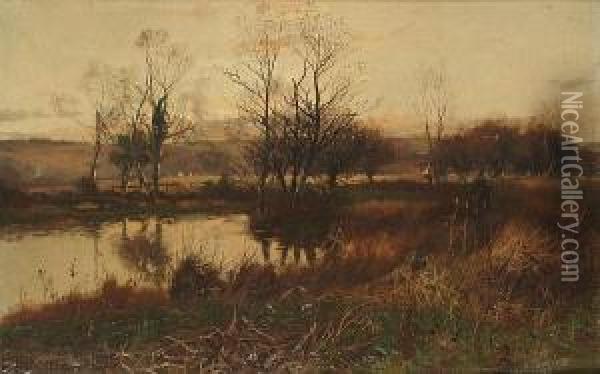 Extensive River Landscape At Sunset, With A Figure In The Foreground Oil Painting - William Manners