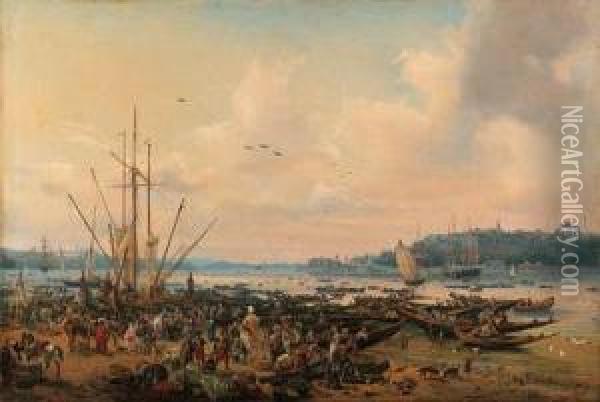 A View Of Constantinople From 
Tophane Looking Towards The Sea Ofmarmara, Showing On The Right The 
Seraglio Point With The Pavilionson The Shore At The Entrance To The 
Golden Horn And, On The Left,the Asian Side With The Selimiye Barracks 
At Scutar Oil Painting - Auguste Etienne Fr. Mayer