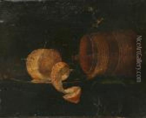 Still Life With Peeled Lemon, Wine Glass And Over-turned Tankard Oil Painting - Luis Eugenio Melendez