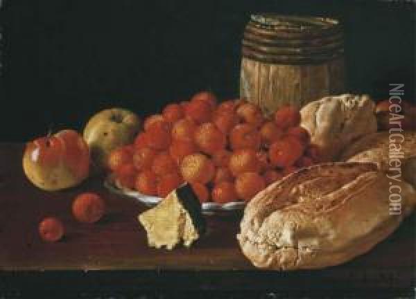 Arbutus Berries On A Plate, Apples, A Wood Barrel And Bread Rollson A Wooden Table Oil Painting - Luis Eugenio Melendez