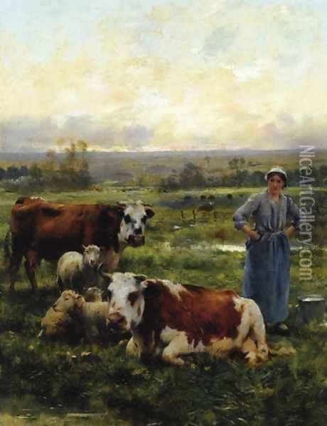 A Shepherdess with Cows and Sheep in a Landscape Oil Painting - Julien Dupre