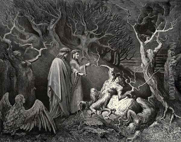 The Inferno, Canto 13, line 34: And straight the trunk exclaim'd: Why pluck'st thou me? Oil Painting - Gustave Dore