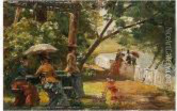 Tarde En Un Jardin Parisino Oil Painting - Francisco Miralles Galup