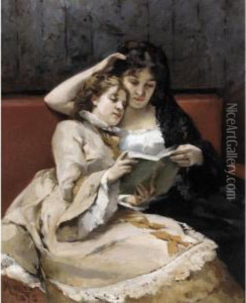 Mother And Daughter Oil Painting - Francisco Miralles Galup
