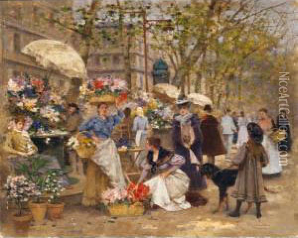 Mercado De Flores En Paris (the Flower Market, Paris) Oil Painting - Francisco Miralles Galup