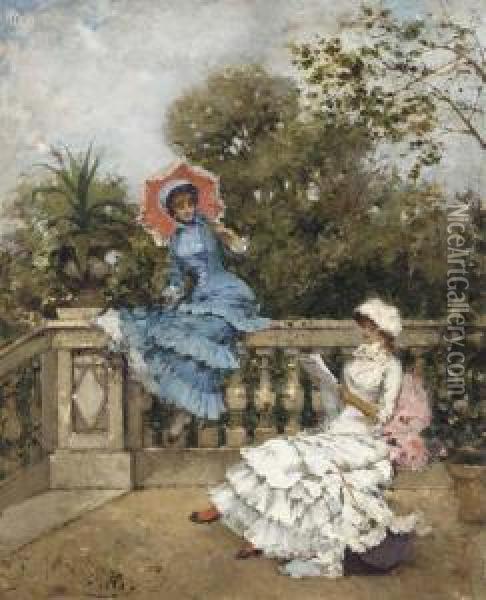 Elegant Ladies On A Terrace Oil Painting - Francisco Miralles Galup