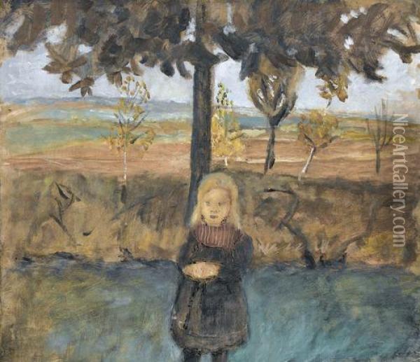 Stehendes Madchen Unter Baum Vor Landschaft Oil Painting - Paula Modersohn-Becker