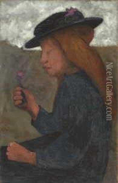 Sitzendes Madchen Mit Schwarzem Hut Und Blume In Der Rechten Hand Oil Painting - Paula Modersohn-Becker