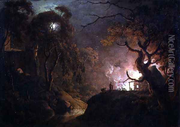 A Cottage on Fire at Night, c.1785-93 Oil Painting - Josepf Wright Of Derby