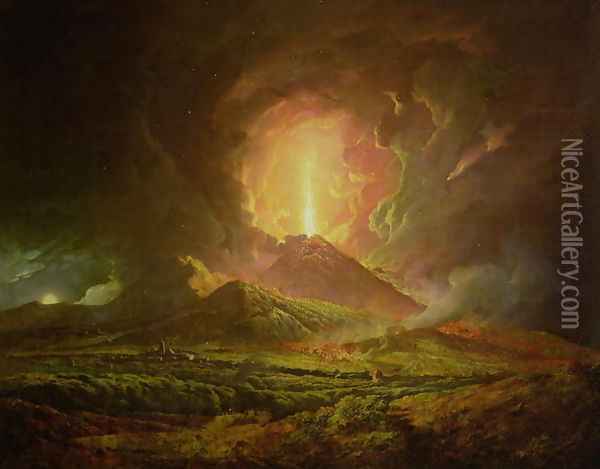 An Eruption of Vesuvius, seen from Portici, c.1774-6 Oil Painting - Josepf Wright Of Derby