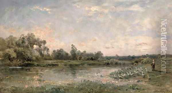 Along the River, 1874 Oil Painting - Charles-Francois Daubigny