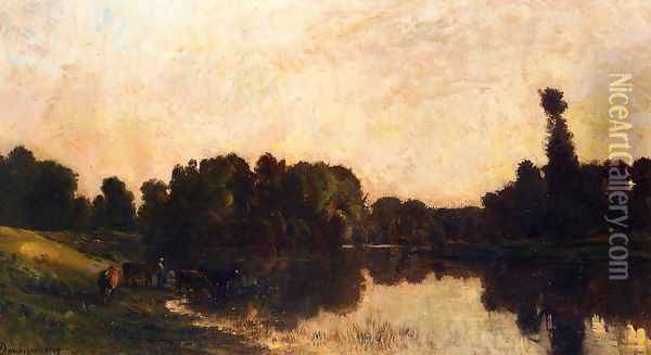 Daybreak, the Oise, Ile de Vaux Oil Painting - Charles-Francois Daubigny