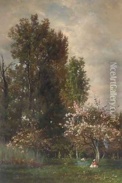 A Figure seated beneath a Cherry Tree Oil Painting - Charles-Francois Daubigny