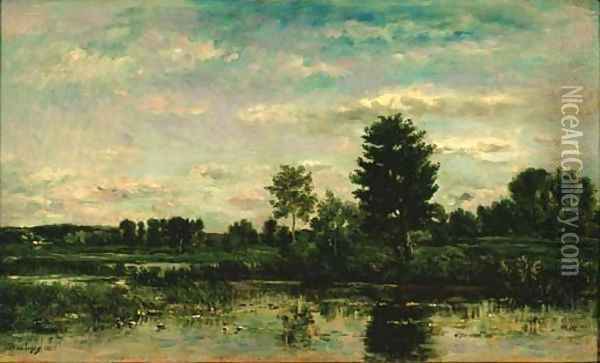 La barque au bord de la riviere Oil Painting - Charles-Francois Daubigny