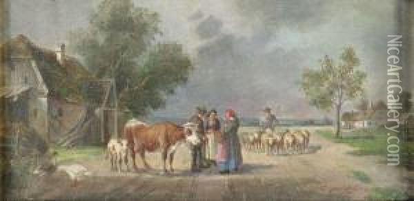 Bauern Im Gesprach Auf Einer Dorfstrasse Oil Painting - Ludwig Muller-Cornelius