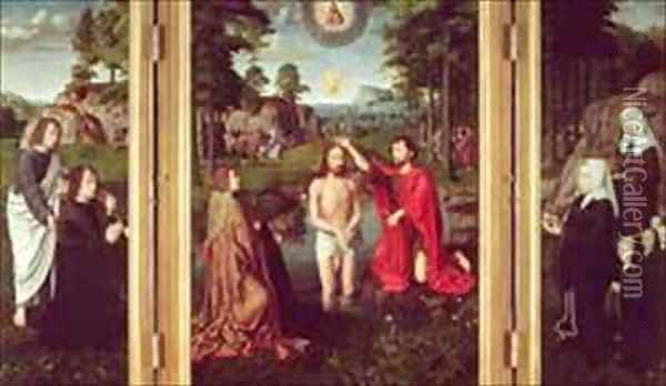 Jean de Trompes Triptych with the Baptism of Christ in the Central Panel and Patrons Oil Painting - Gerard David