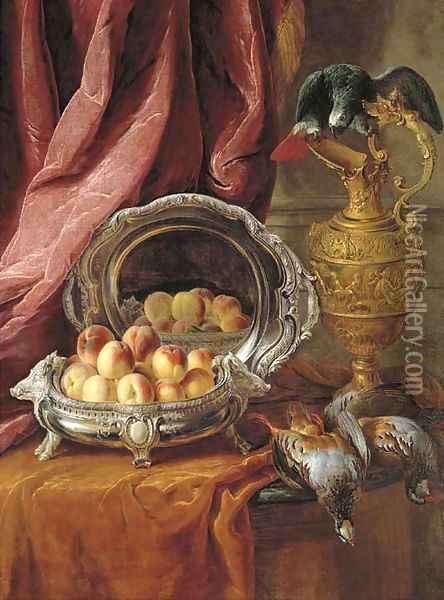 Peaches in a silver-footed bowl, a silver platter, an African Grey parrot perched on a vermeil ewer and game birds on a partly-draped tabletop Oil Painting - Alexandre-Francois Desportes