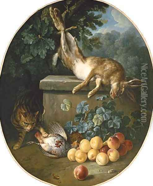 Still life with game and peaches with a cat stalking from behind a stone ledge Oil Painting - Alexandre-Francois Desportes
