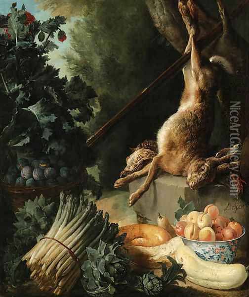 A hunting still life with a dead hare and game birds on a stone plinth with asparagus, artichokes, a cucumber and a pear Oil Painting - Alexandre-Francois Desportes