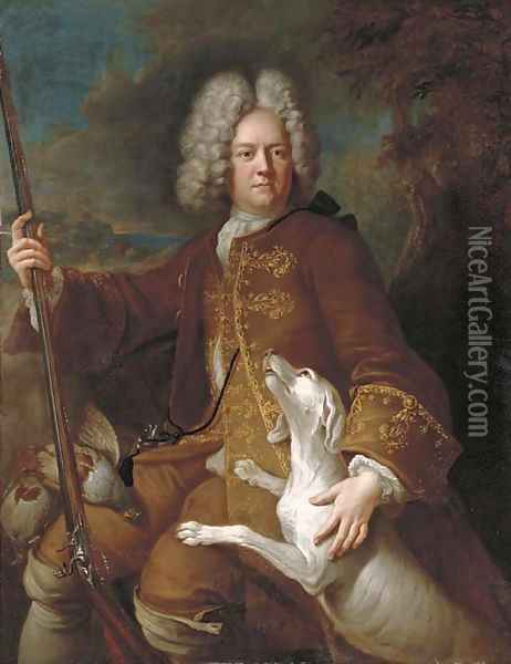 Portrait of a huntsman, seated, three-quarter-length, holding a rifle, in a landscape with his dog Oil Painting - Alexandre-Francois Desportes