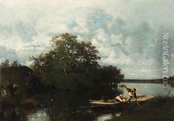 Deux hommes dans un bateau (Two Men in a Boat) Oil Painting - Jules Dupre